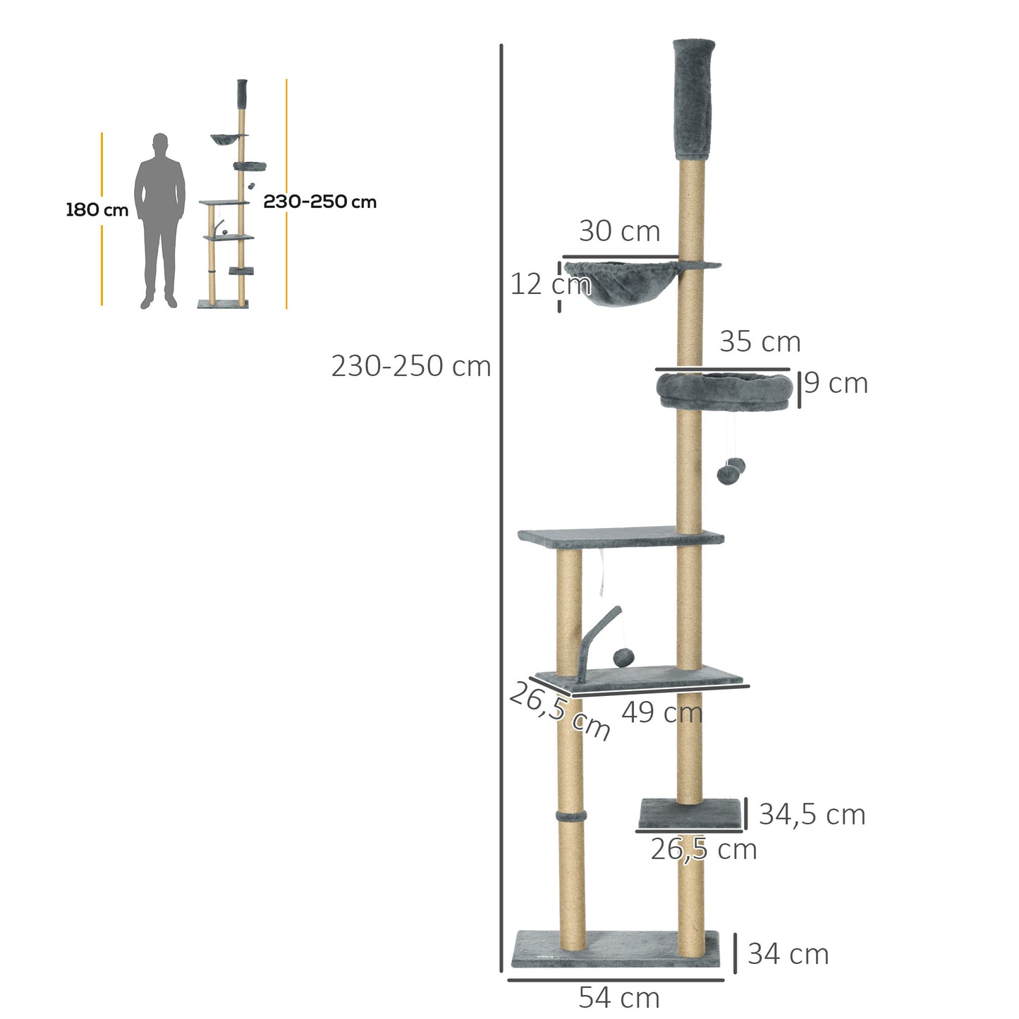 PawHut Árbol para Gatos de Suelo a Techo de 230-250 cm Árbol Rascador para Gatos con Altura Ajustable Múltiples Plataformas Cestos Hamaca Bolas Colgantes Gris