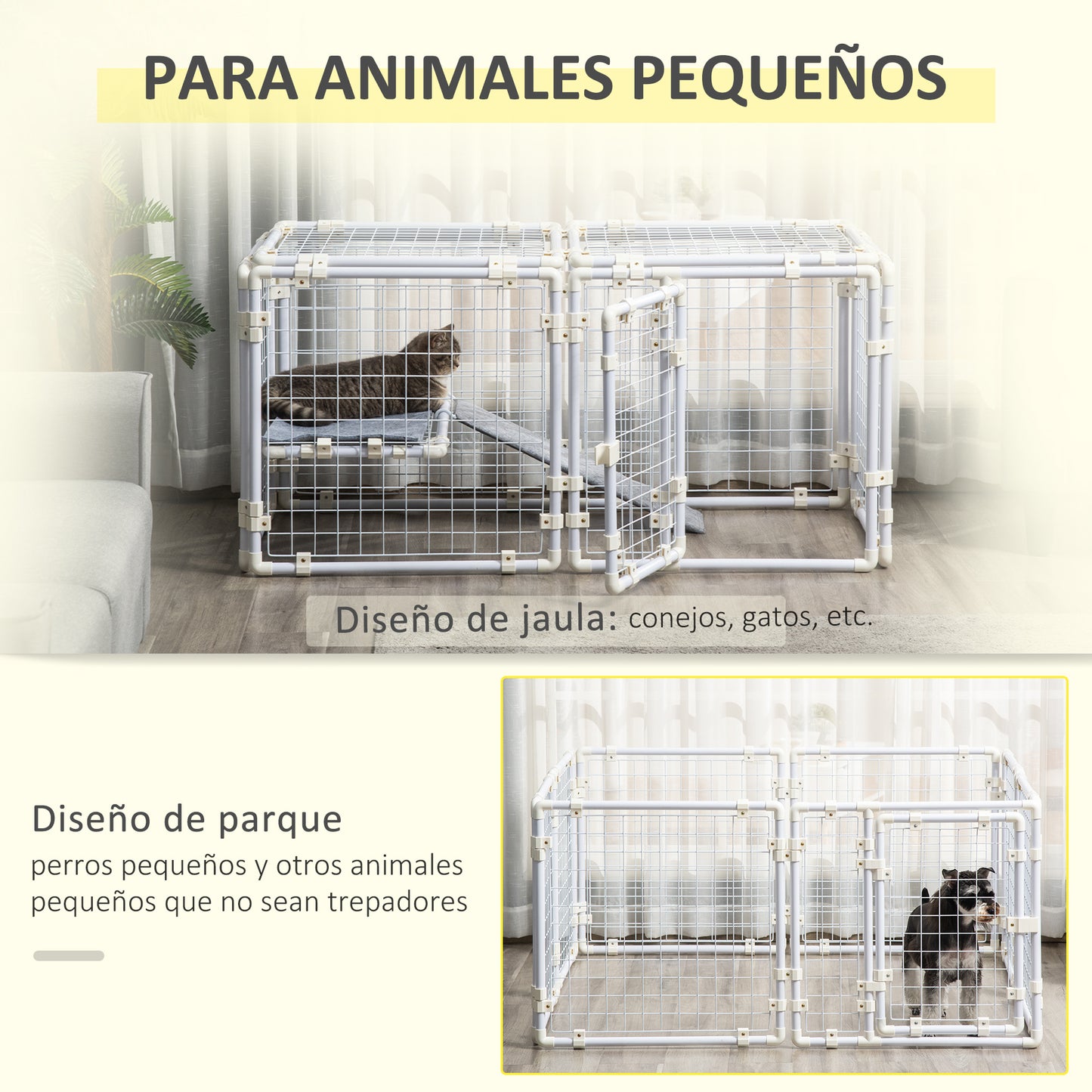 Pawhut Valla Metálica para Mascotas Parque para Conejos Conejera con 9 Paneles Puerta con Pestillo y Escalera para Cobayas Gatos Cachorros Diseño DIY 68x68x2,5 cm Blanco