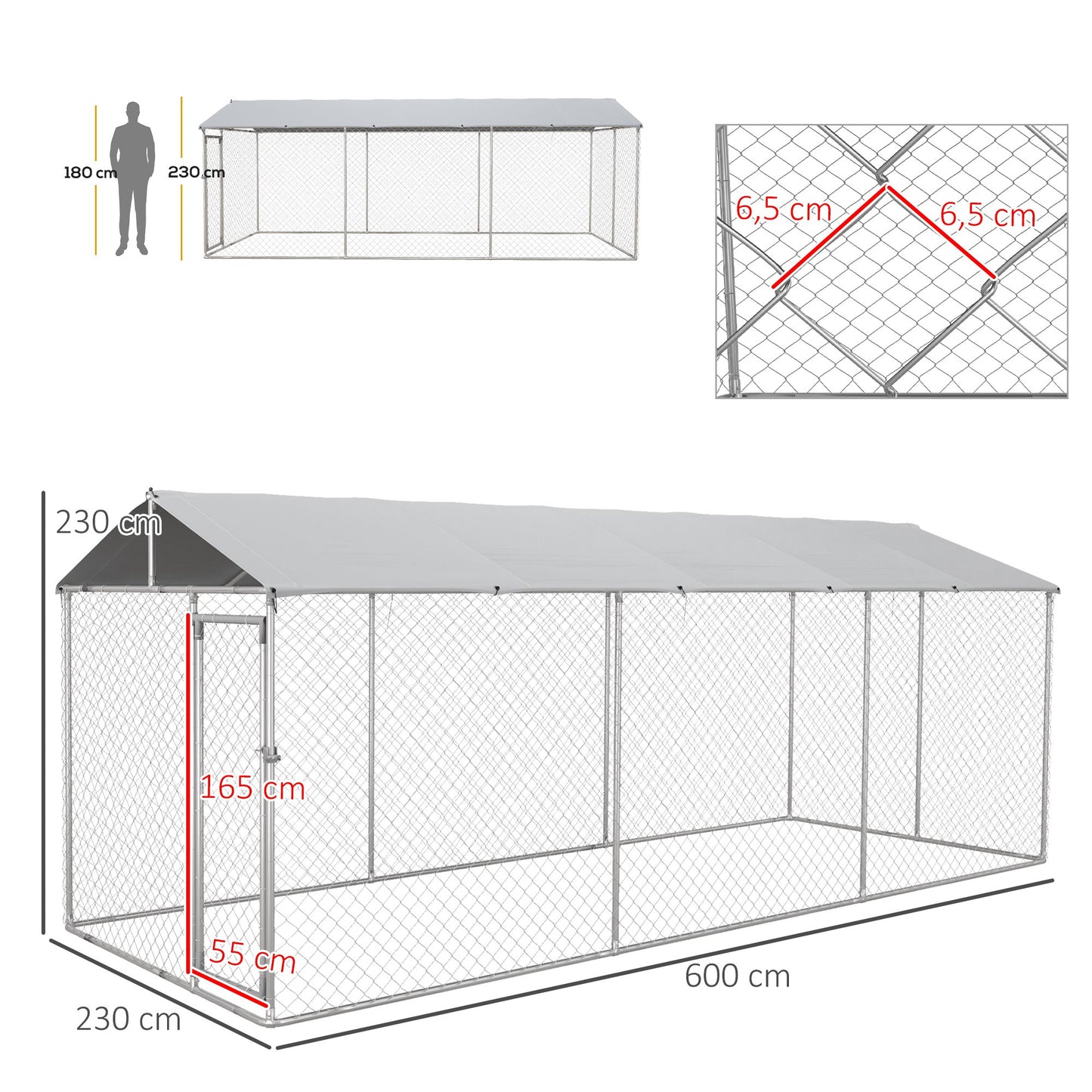 PawHut Perrera Jaula de Exterior para Perros Parque para Perros con 1 Puerta Marco de Acero Toldo Impermeable y Anti-UV 600x230x230 cm Plata