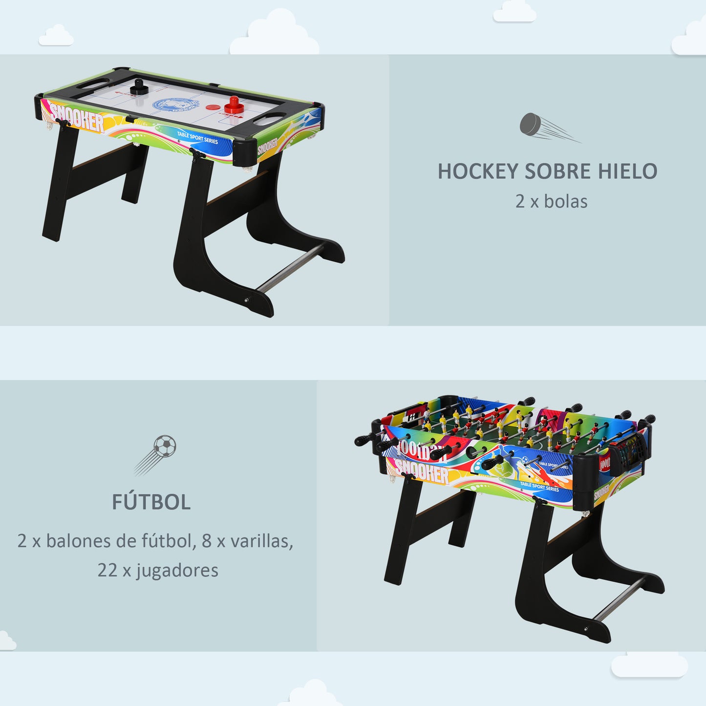 HOMCOM Mesa Multijuegos Plegable Mesa de Juegos Diseño 4 en 1 Futbolín Aire Hockey Billar Ping-pong Sobremesa Accesorios Incluidos Diversión 86,5x43,5x64 cm
