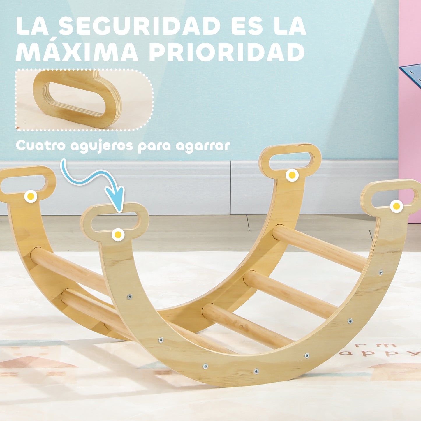 AIYAPLAY Escalada para Niños de Madera 2 en 1 Arco de Escalada para Niños de 18-48 Meses Balancín para Bebés Carga 50 kg 68x42x36 cm Natural