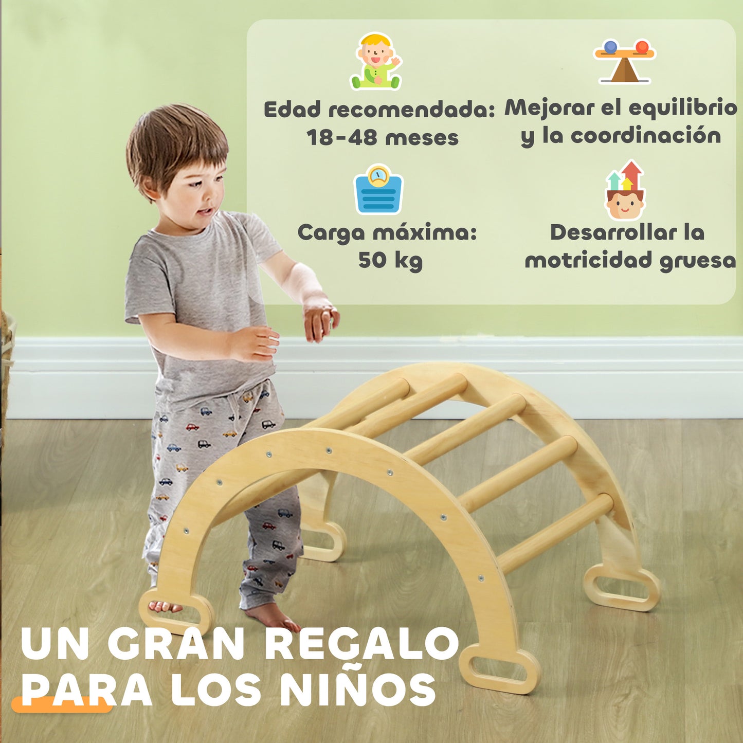 AIYAPLAY Escalada para Niños de Madera 2 en 1 Arco de Escalada para Niños de 18-48 Meses Balancín para Bebés Carga 50 kg 68x42x36 cm Natural