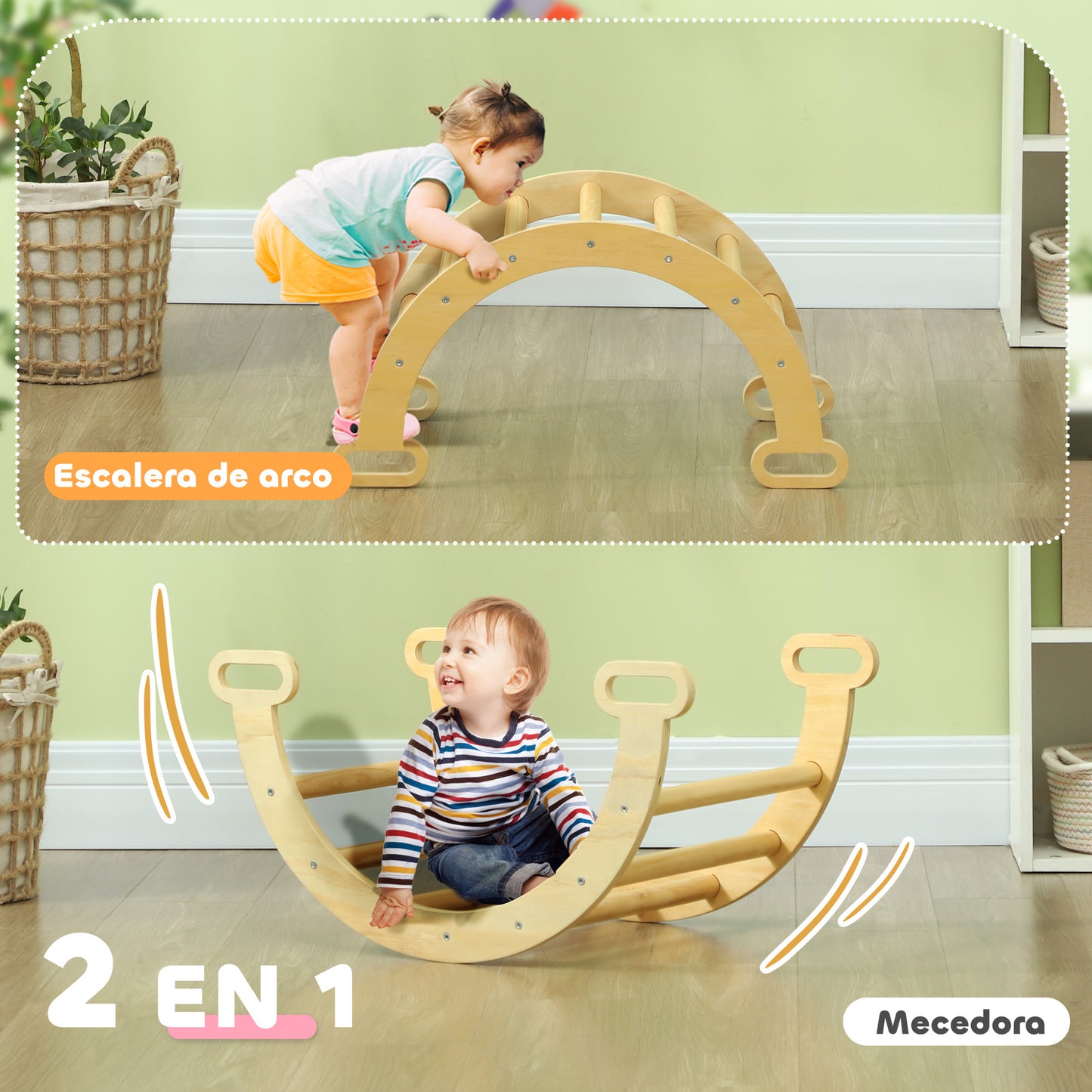 AIYAPLAY Escalada para Niños de Madera 2 en 1 Arco de Escalada para Niños de 18-48 Meses Balancín para Bebés Carga 50 kg 68x42x36 cm Natural