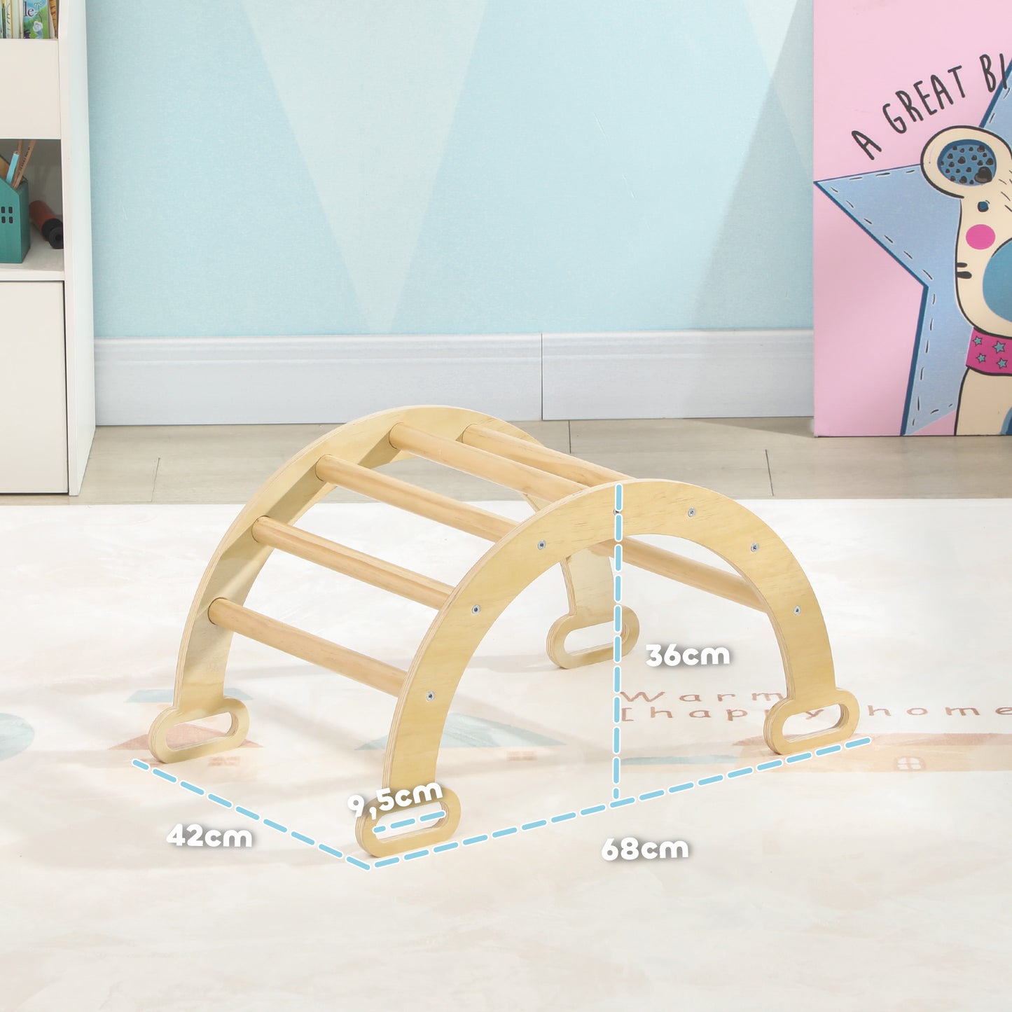 AIYAPLAY Escalada para Niños de Madera 2 en 1 Arco de Escalada para Niños de 18-48 Meses Balancín para Bebés Carga 50 kg 68x42x36 cm Natural