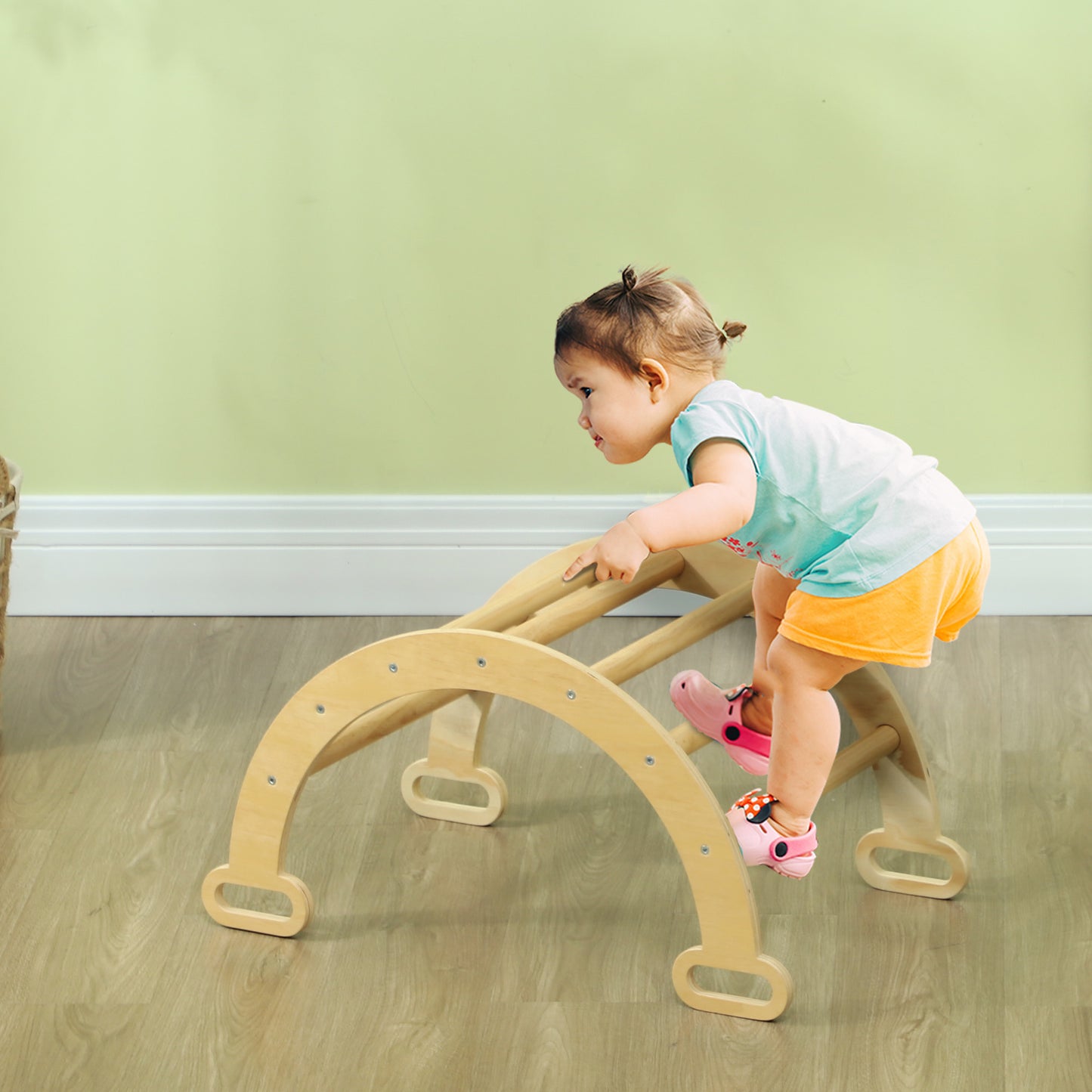 AIYAPLAY Escalada para Niños de Madera 2 en 1 Arco de Escalada para Niños de 18-48 Meses Balancín para Bebés Carga 50 kg 68x42x36 cm Natural