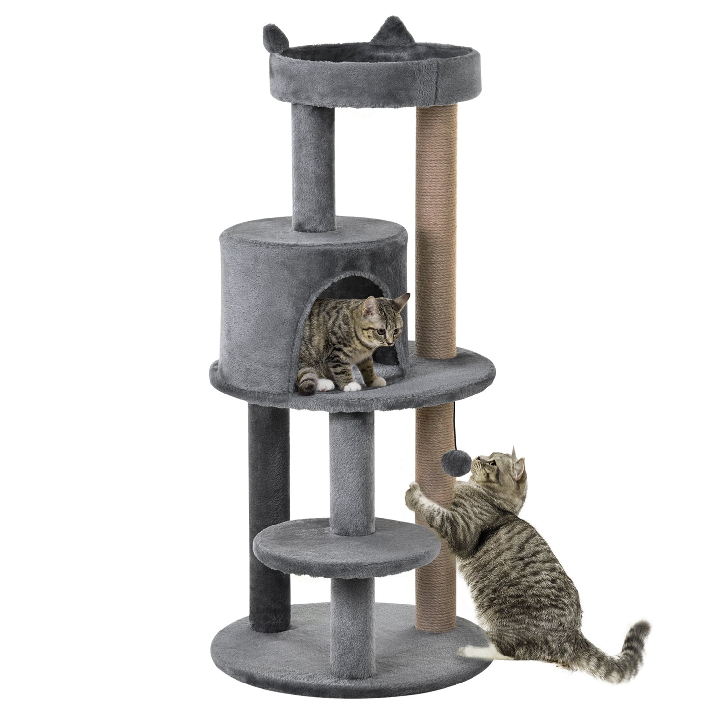 PawHut Árbol Rascador para Gatos de 104 cm Rascador para Gatos con Plataformas Refugio Postes de Sisal y Bola Colgante 48x48x104 cm Gris