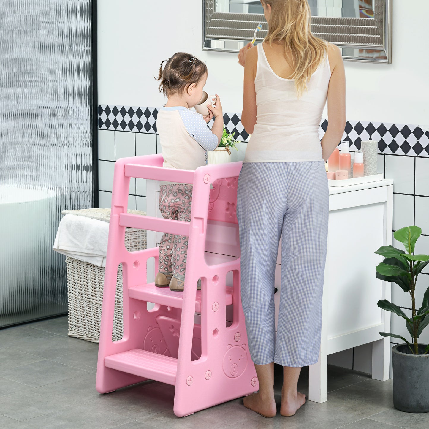 HOMCOM Torre de Aprendizaje para Niños Taburete Infantil con Altura Ajustable en 3 Posiciones y Plataforma Antideslizante para Cocina Comedor Baño 47x47x90 cm Rosa