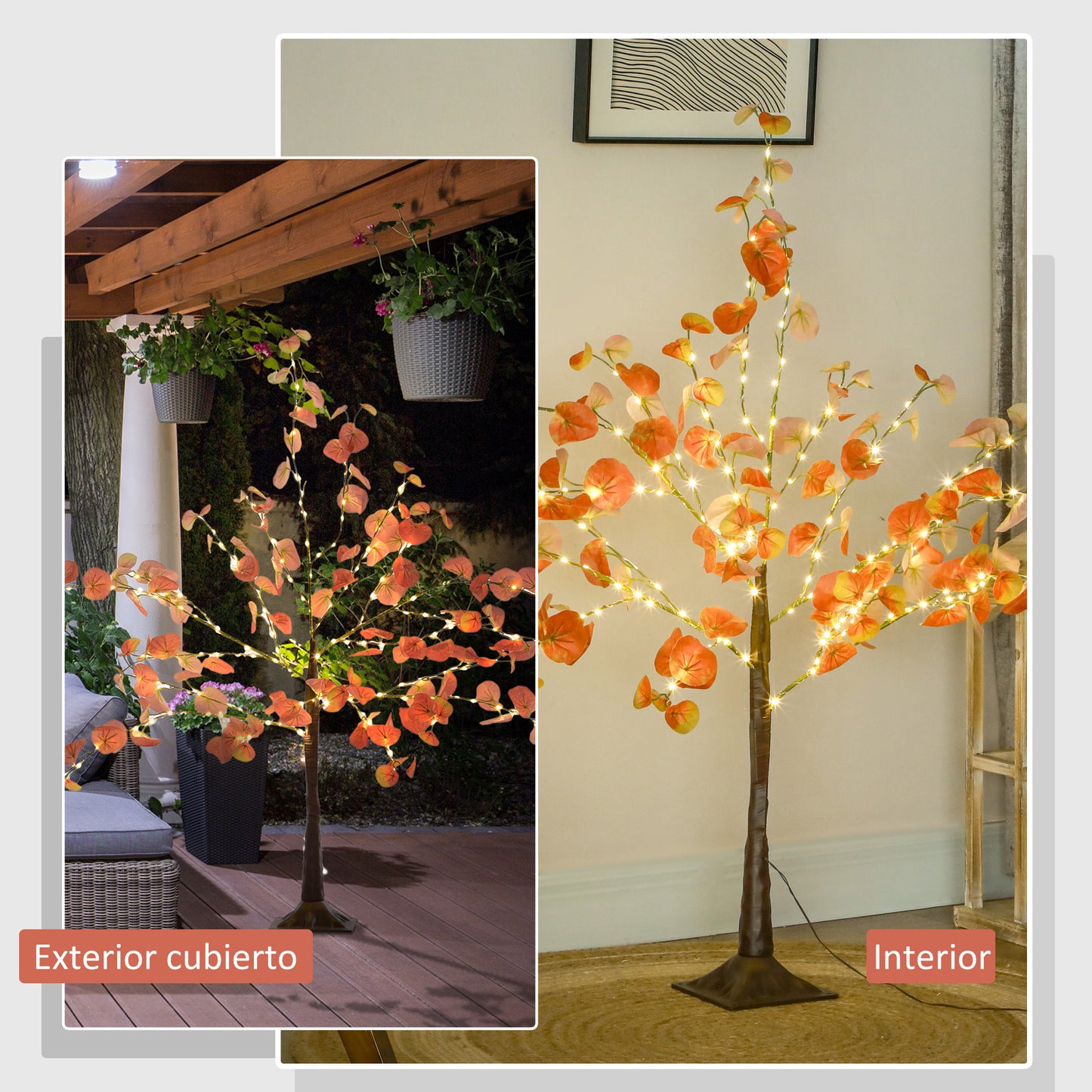 HOMCOM Árbol de Eucalipto Otoñal Artificial 120 cm Lámpara de Árbol con 175 Luces LED y Base Decoración Navidad para Interiores y Exteriores Naranja