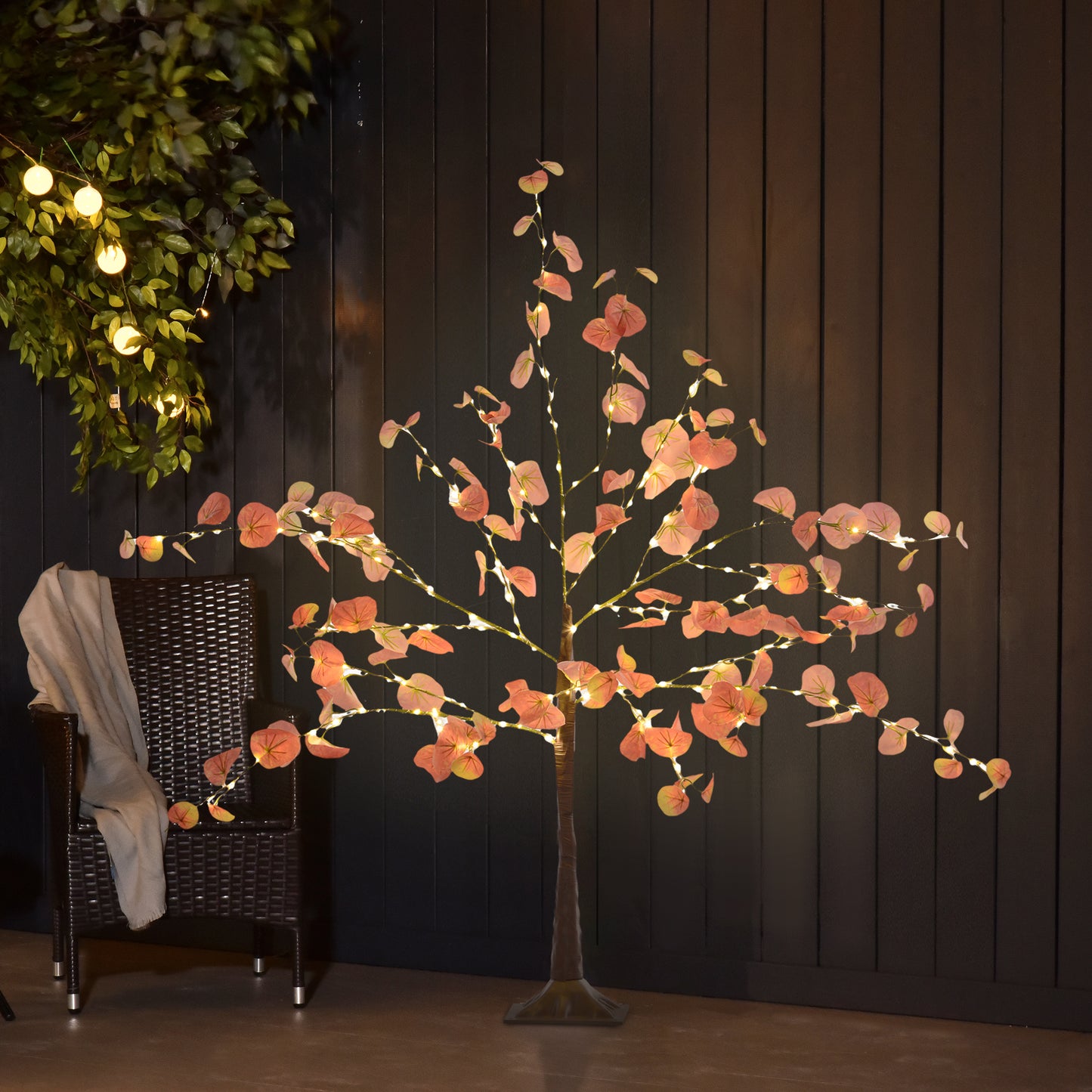 HOMCOM Árbol de Eucalipto Otoñal Artificial 120 cm Lámpara de Árbol con 175 Luces LED y Base Decoración Navidad para Interiores y Exteriores Naranja