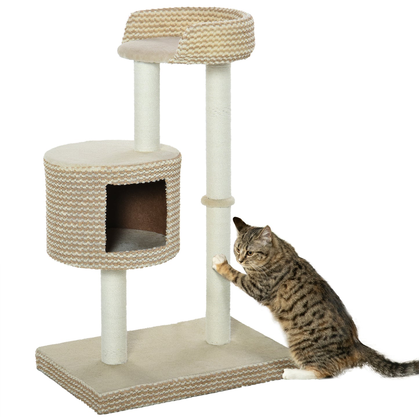 PawHut Árbol Rascador para Gatos Árbol de Actividades para Gatos con Cueva de Felpa Postes de Yute Plataforma Cómoda 61x41x96 cm Beige y Café