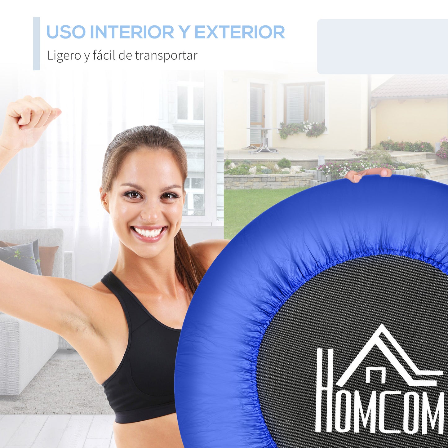 HOMCOM Cama Elástica Fitness Ø81 cm Trampolín de Acero con Borde Protector y 28 Resortes para Ejercicios en Interior y Exterior Carga 100 kg 81x81x22,5 cm Negro y Azul