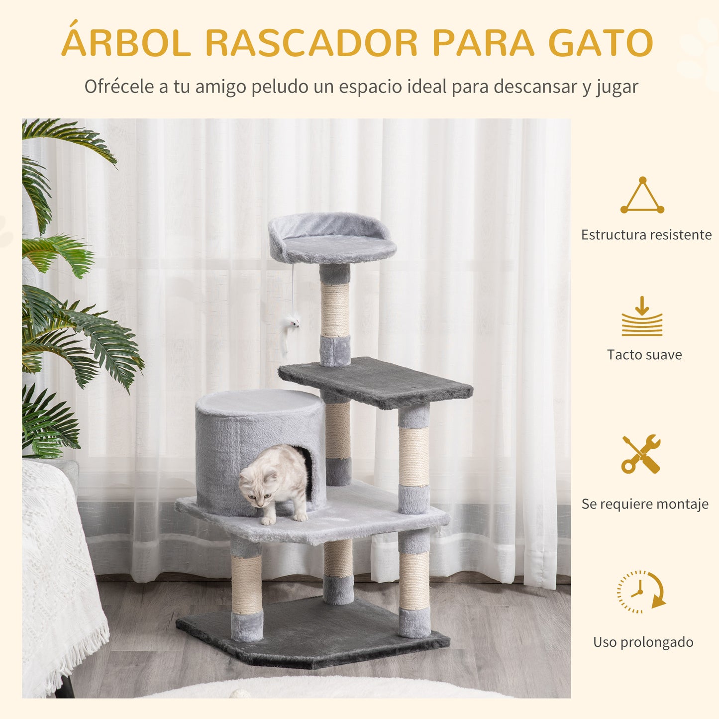 PawHut Árbol para Gatos Rascador Grande 48x48x100 cm Torre para Gatos con Plataformas Casetas Ratón de Juego Postes para Rascar y Cubierto de Felpa Gris