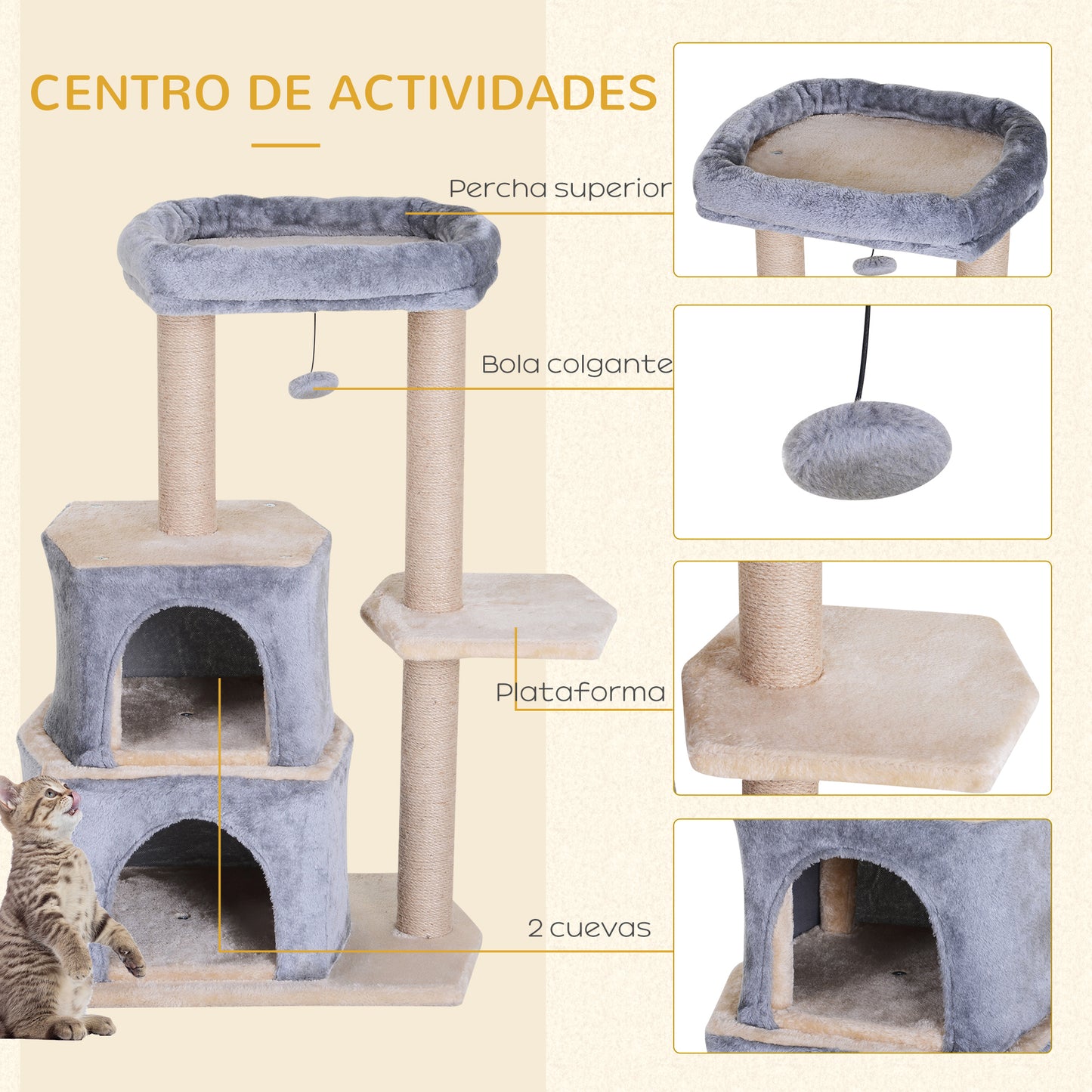 PawHut Árbol Rascador para Gatos de 92 cm Torre para Gatos Mediano con 2 Cuevas Bola Colgante y Postes para Rascar Centro de Actividad para Gatos Gris