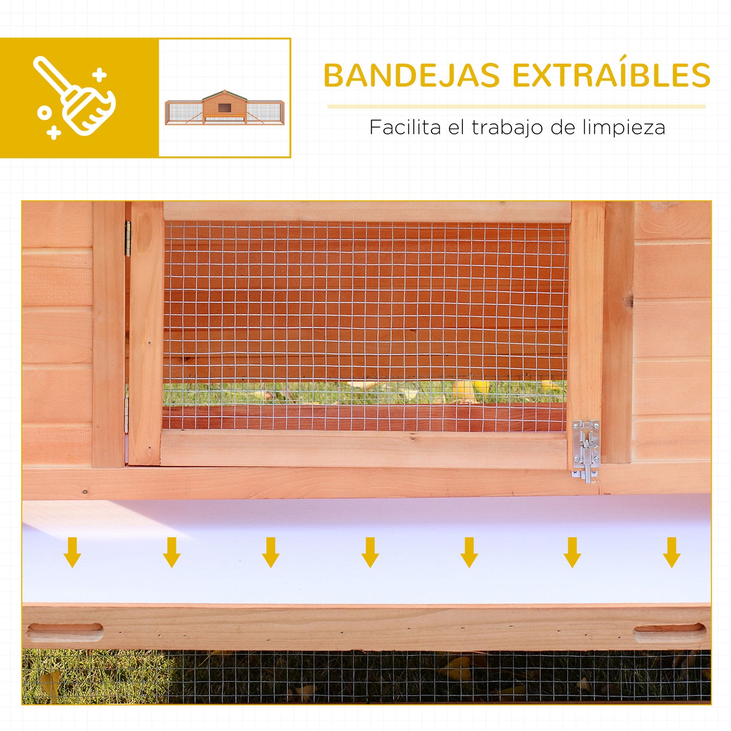 PawHut Conejera de Madera 309x79x86 cm Conejera Exterior Grande para 2-4 Conejos con 2 Corrales Bandeja Extraíble Techo Asfáltico 2 Rampas Natural