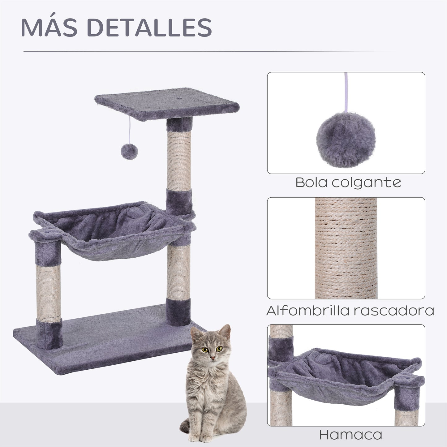 PawHut Árbol Rascador para Gatos Torre para Gatos 50x36x70 cm Centro de Actividad con Hamaca Plataforma Postes de Sisal y Bola Colgante Gris