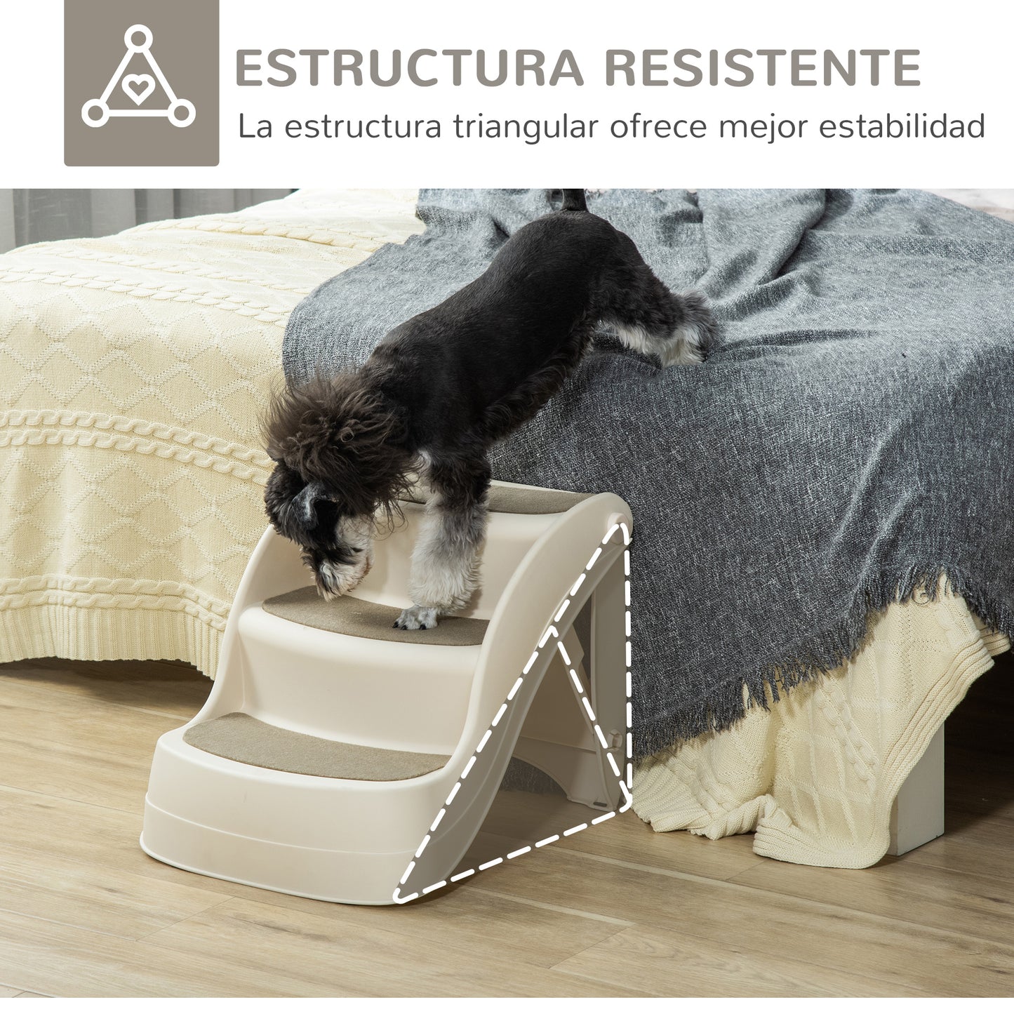 PawHut Escalera para Perros de 3 Peldaños Plegable Escalón de Plástica para Mascotas con Alfombras Antideslizantes para Cama Sofá Carga 15 kg 49x38x38 cm Crema