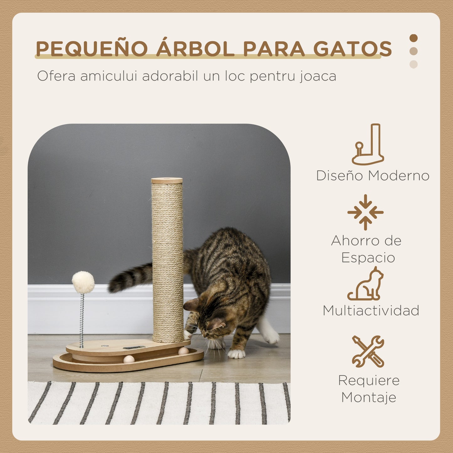 PawHut Árbol Rascador para Gatos 40 cm Torre para Gatos con Poste de Rascador Bola con Muelle y Bolas en la Pista 35x23x40 cm Roble