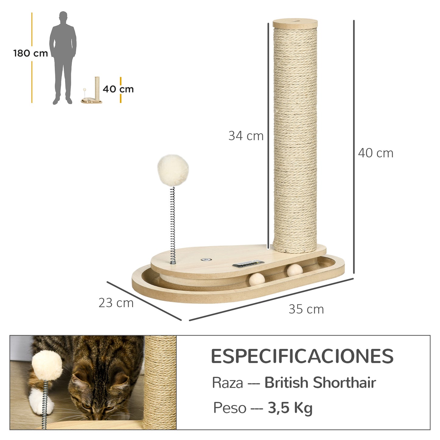 PawHut Árbol Rascador para Gatos 40 cm Torre para Gatos con Poste de Rascador Bola con Muelle y Bolas en la Pista 35x23x40 cm Roble