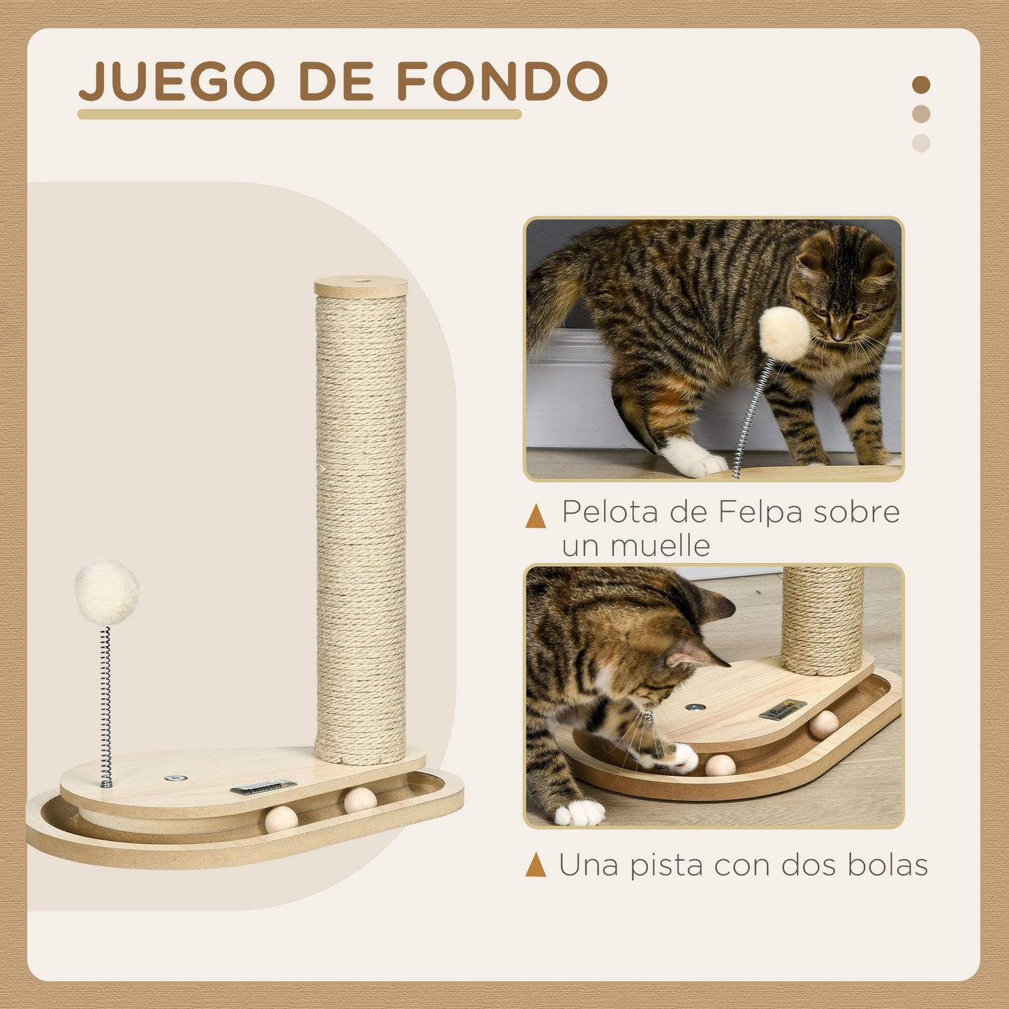 PawHut Árbol Rascador para Gatos 40 cm Torre para Gatos con Poste de Rascador Bola con Muelle y Bolas en la Pista 35x23x40 cm Roble