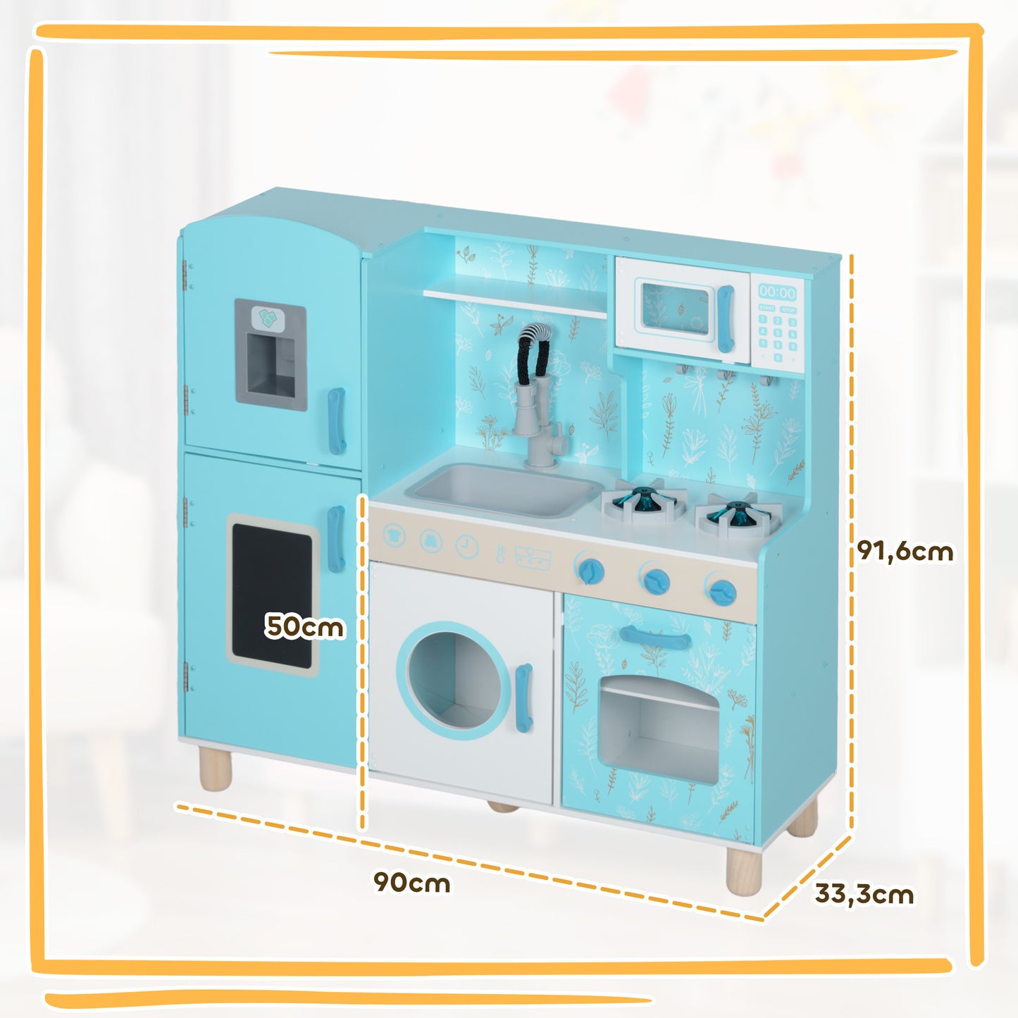 AIYAPLAY Cocina de Juguete para Niños +3 Años Cocina de Madera Infantil Cocinita Infantil con Sonido Fogón Horno Grifo Fregadero Microondas Lavadora Máquina de Hielo y Accesorios de Cocina Azul