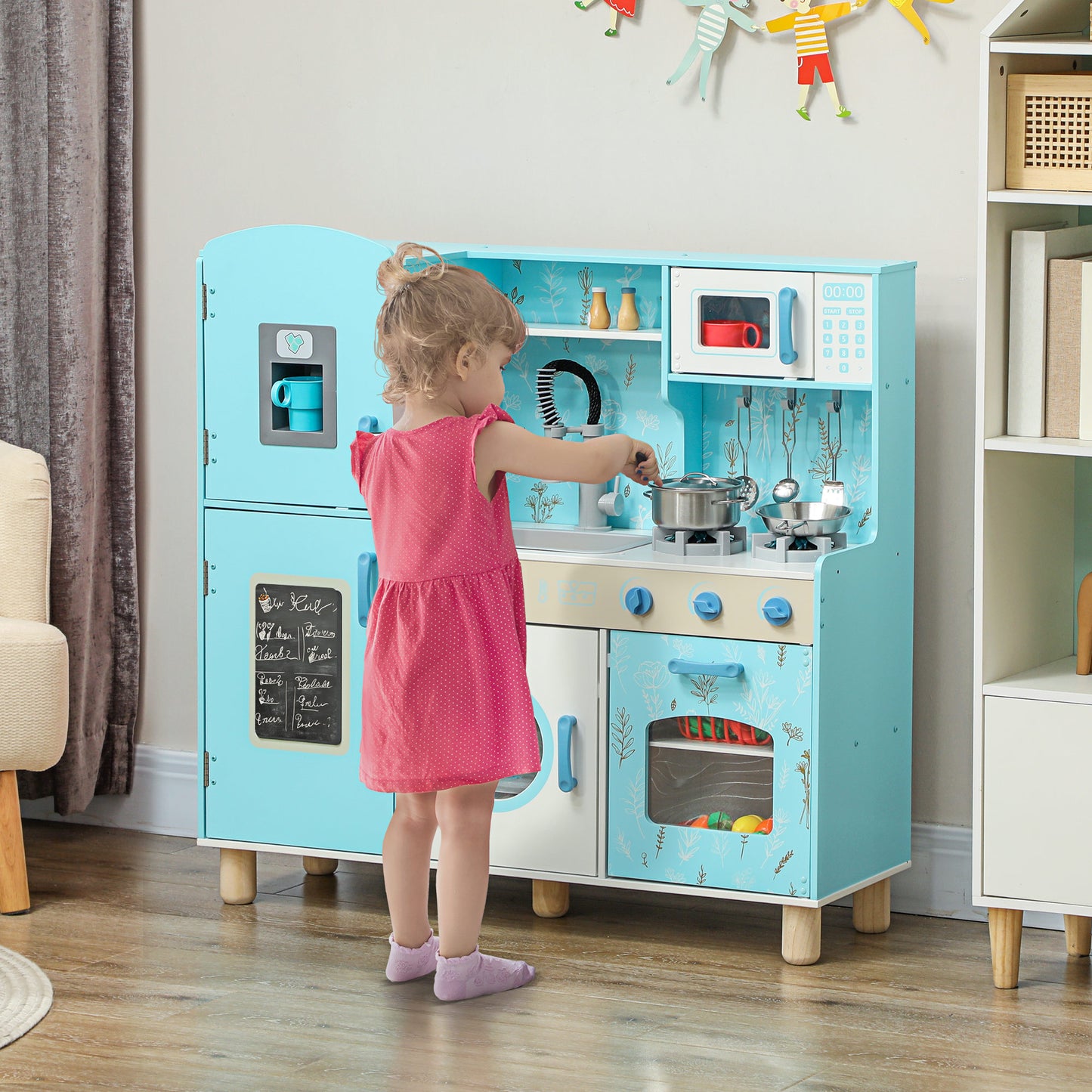 AIYAPLAY Cocina de Juguete para Niños +3 Años Cocina de Madera Infantil Cocinita Infantil con Sonido Fogón Horno Grifo Fregadero Microondas Lavadora Máquina de Hielo y Accesorios de Cocina Azul