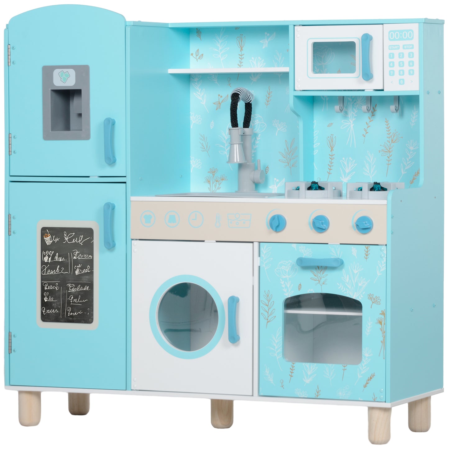 AIYAPLAY Cocina de Juguete para Niños +3 Años Cocina de Madera Infantil Cocinita Infantil con Sonido Fogón Horno Grifo Fregadero Microondas Lavadora Máquina de Hielo y Accesorios de Cocina Azul