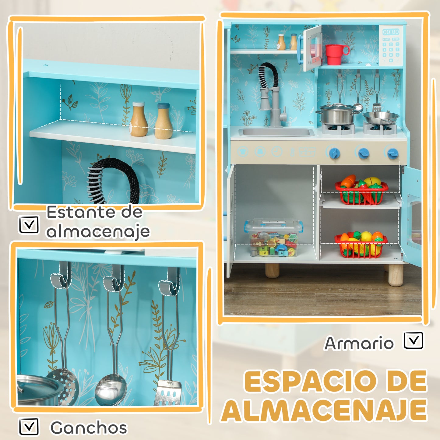 AIYAPLAY Cocina de Juguete para Niños +3 Años Cocina de Madera Infantil Cocinita Infantil con Sonido Fogón Horno Grifo Fregadero Microondas Lavadora Máquina de Hielo y Accesorios de Cocina Azul