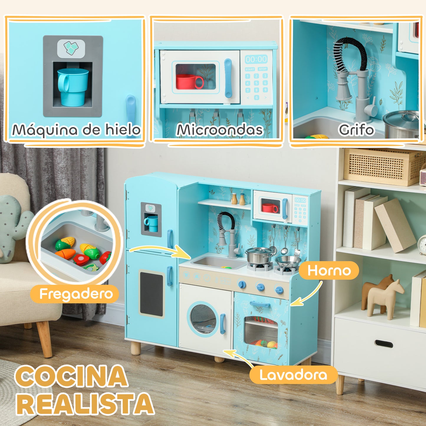 AIYAPLAY Cocina de Juguete para Niños +3 Años Cocina de Madera Infantil Cocinita Infantil con Sonido Fogón Horno Grifo Fregadero Microondas Lavadora Máquina de Hielo y Accesorios de Cocina Azul