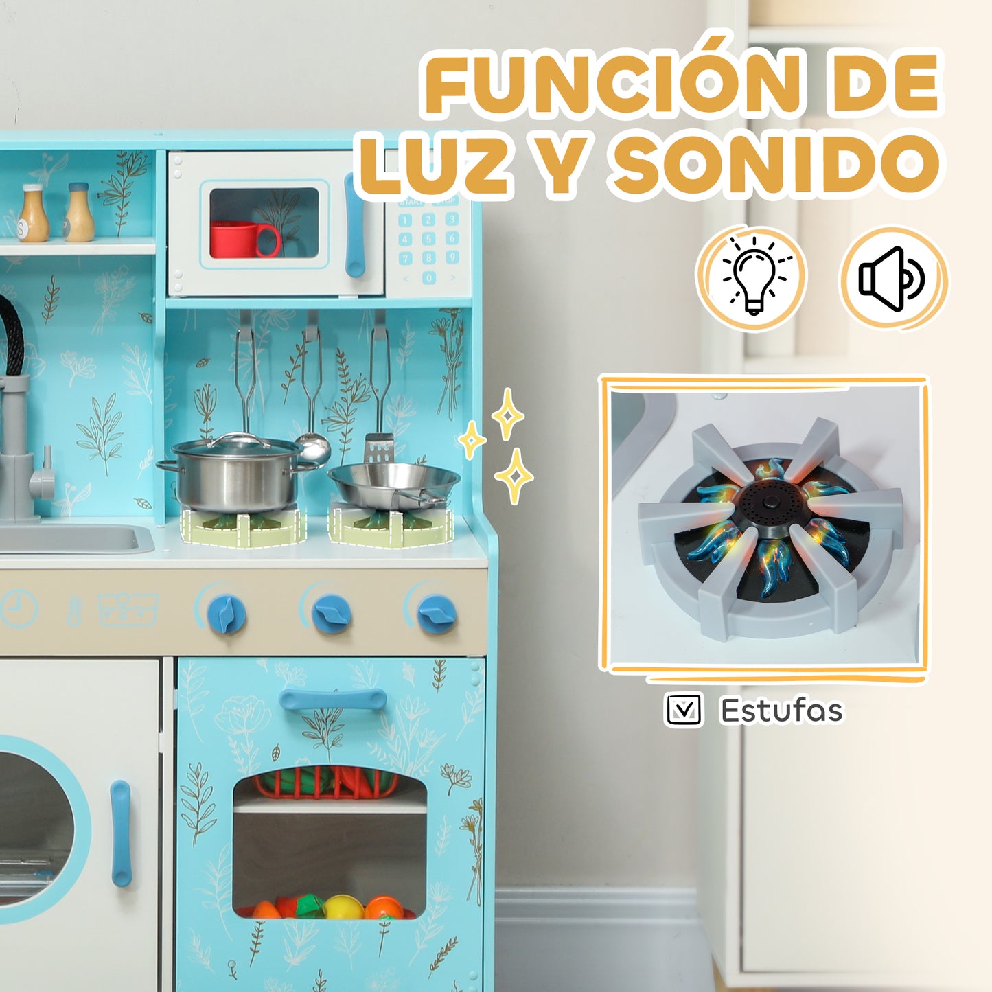 AIYAPLAY Cocina de Juguete para Niños +3 Años Cocina de Madera Infantil Cocinita Infantil con Sonido Fogón Horno Grifo Fregadero Microondas Lavadora Máquina de Hielo y Accesorios de Cocina Azul