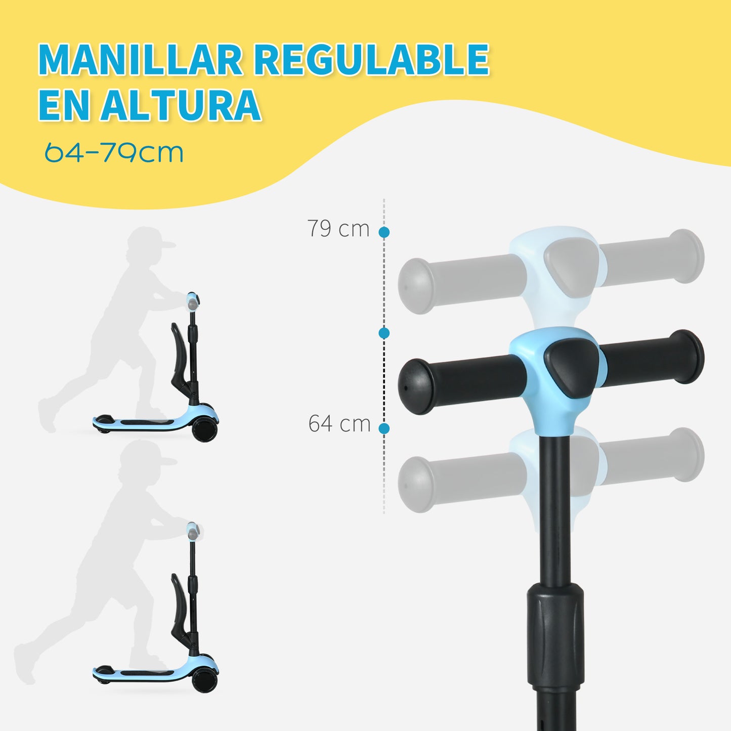 AIYAPLAY Patinete para Niños 2 en 1 Patinete Infantil Asiento Plegable con Altura Ajustable 3 Ruedas Brillantes para +18 Meses Carga 50 kg 58x31x64-79 cm Azul