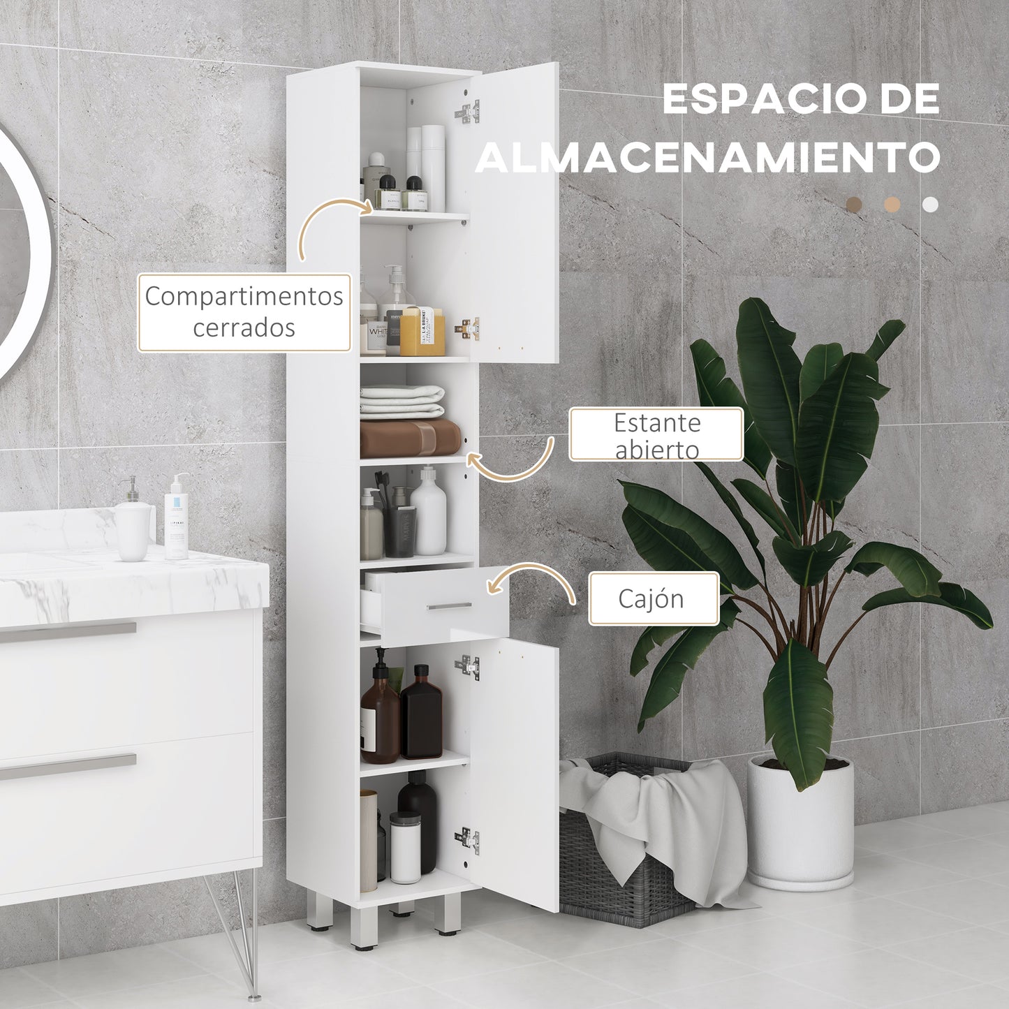 kleankin Conjunto de Baño Incluye 2 Mueble Auxiliar de Baño 1 Columna de Baño Y 1 Espejo de Baño con Luces LED Función de Memoria Interruptor Blanco Brillante