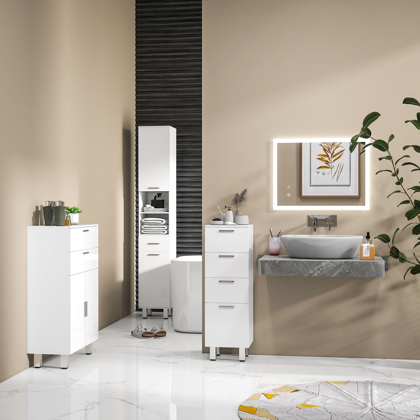 kleankin Conjunto de Baño Incluye 2 Mueble Auxiliar de Baño 1 Columna de Baño Y 1 Espejo de Baño con Luces LED Función de Memoria Interruptor Blanco Brillante