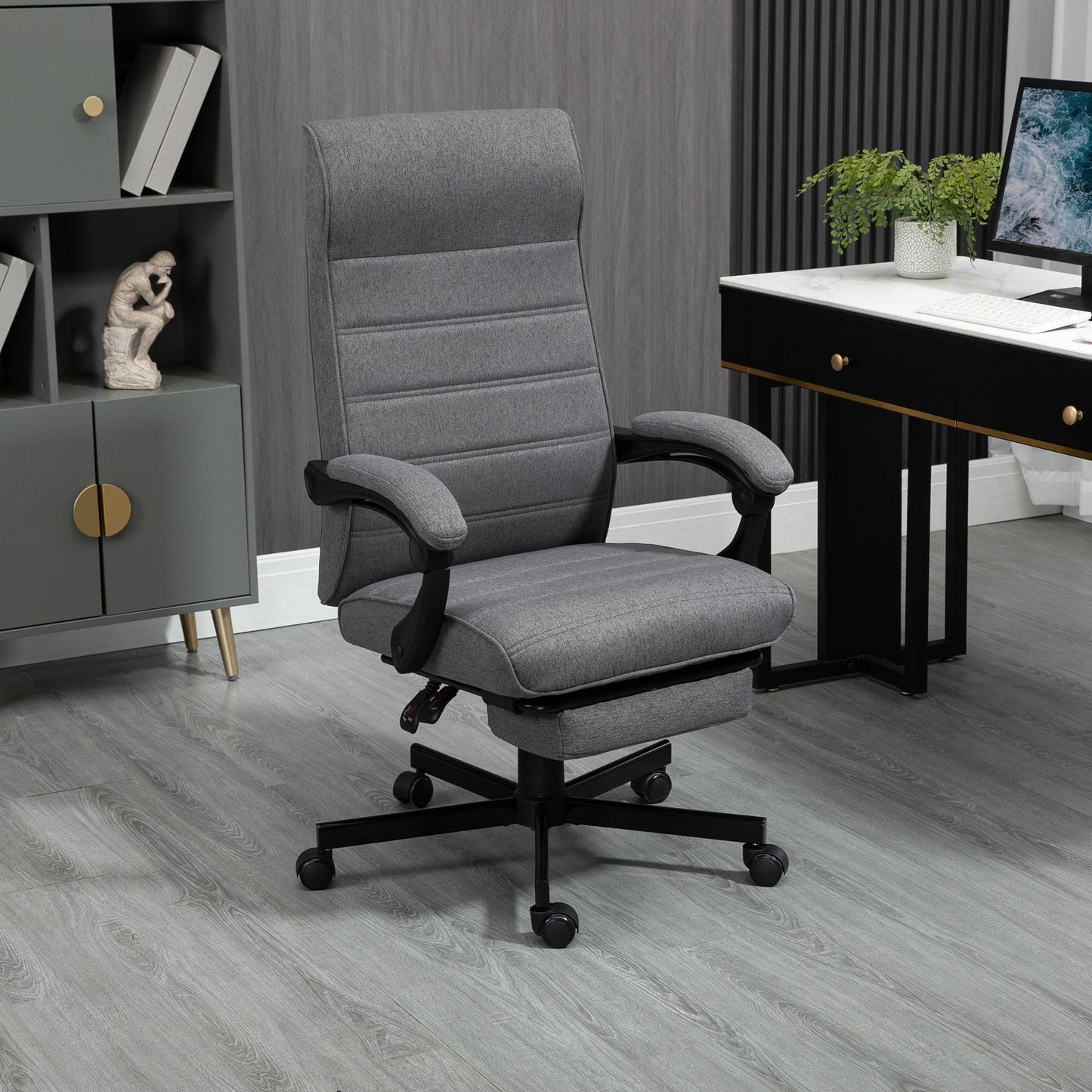 Vinsetto Silla de Escritorio Reclinable Silla de Oficina Giratoria con Altura Ajustable Reposapiés Retráctil y Reposabrazos Silla para Estudio Carga 120 kg Gris