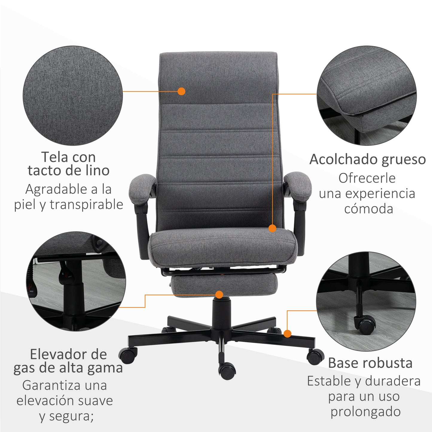 Vinsetto Silla de Escritorio Reclinable Silla de Oficina Giratoria con Altura Ajustable Reposapiés Retráctil y Reposabrazos Silla para Estudio Carga 120 kg Gris