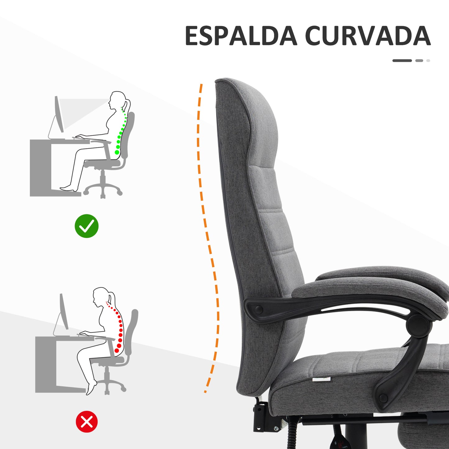 Vinsetto Silla de Escritorio Reclinable Silla de Oficina Giratoria con Altura Ajustable Reposapiés Retráctil y Reposabrazos Silla para Estudio Carga 120 kg Gris