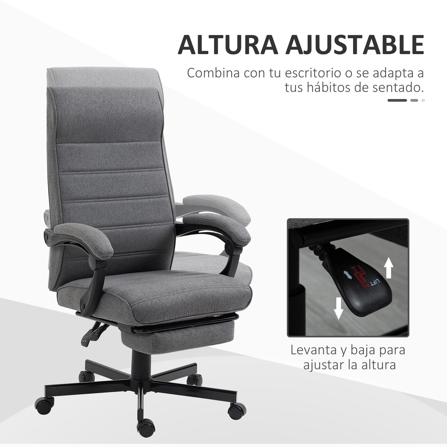 Vinsetto Silla de Escritorio Reclinable Silla de Oficina Giratoria con Altura Ajustable Reposapiés Retráctil y Reposabrazos Silla para Estudio Carga 120 kg Gris