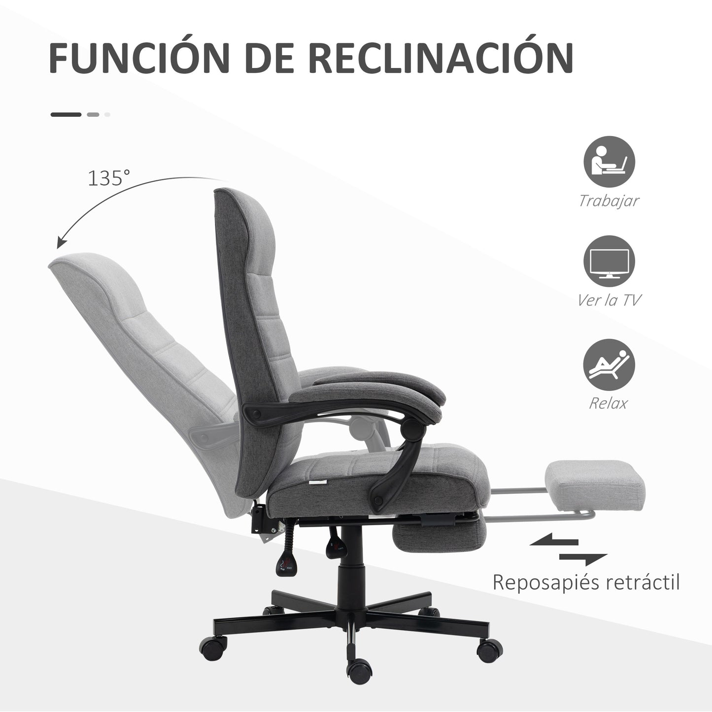 Vinsetto Silla de Escritorio Reclinable Silla de Oficina Giratoria con Altura Ajustable Reposapiés Retráctil y Reposabrazos Silla para Estudio Carga 120 kg Gris