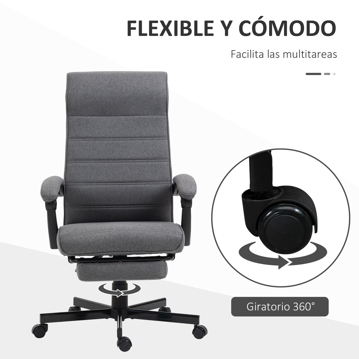 Vinsetto Silla de Escritorio Reclinable Silla de Oficina Giratoria con Altura Ajustable Reposapiés Retráctil y Reposabrazos Silla para Estudio Carga 120 kg Gris