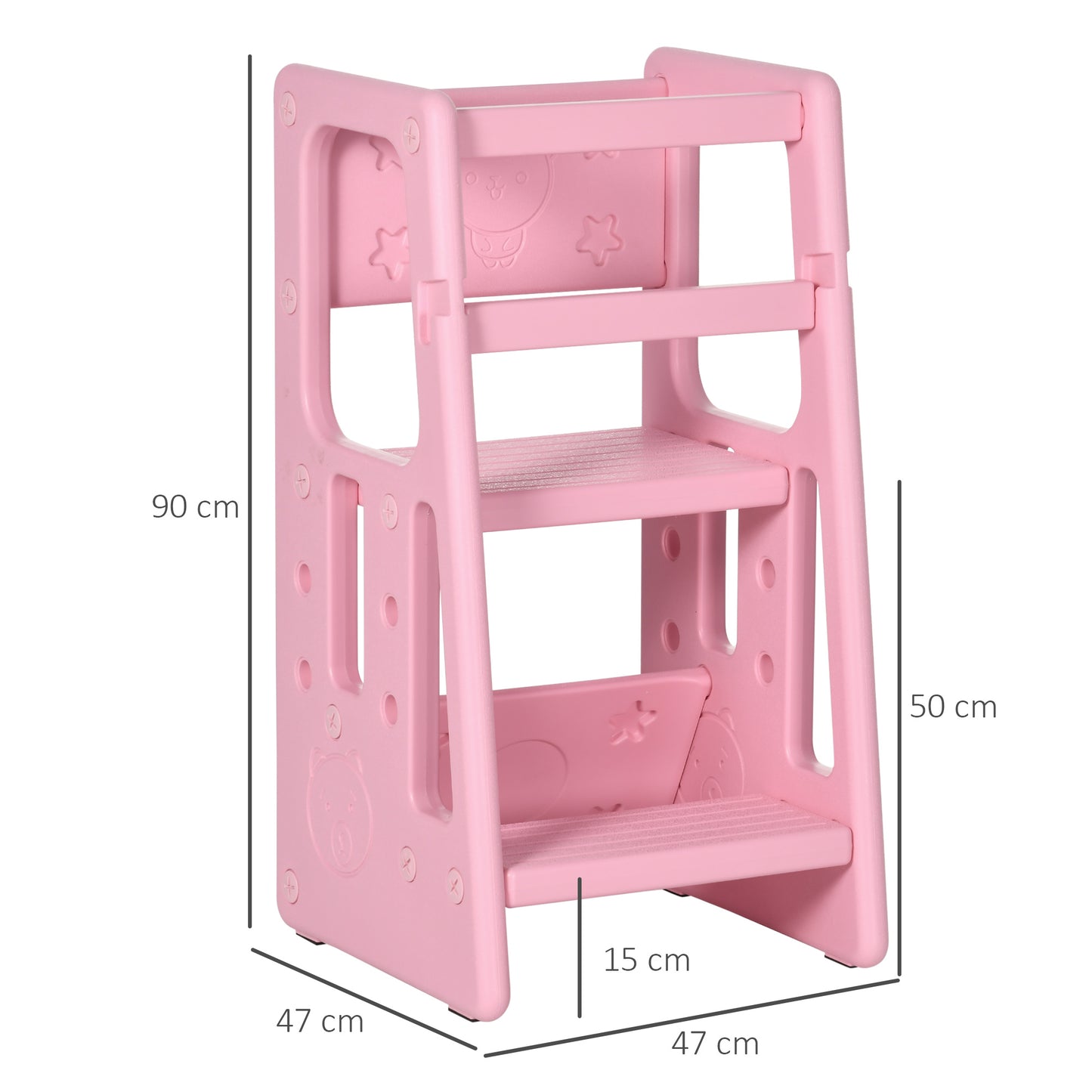 HOMCOM Torre de Aprendizaje para Niños Taburete Infantil con Altura Ajustable en 3 Posiciones y Plataforma Antideslizante para Cocina Comedor Baño 47x47x90 cm Rosa