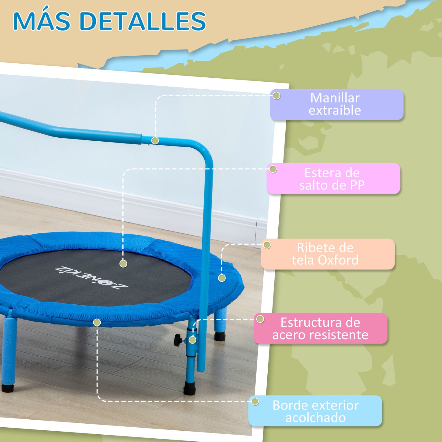 ZONEKIZ 3 en 1 Cama Elástica Infantil Ø96x74 cm Trampolín para Niños de 1-6 Años con Mango Extraíble Mini Trampolín para Interiores Carga 50 kg Azul