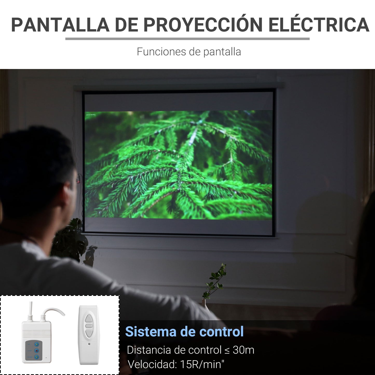 HOMCOM Pantalla de Proyector Eléctrica 120 Pulgadas Pantalla de Proyección Portátil Formato 4:3 con Mando a Distancia Tela de Proyección para Interior y Exterior 244x183 cm Blanco