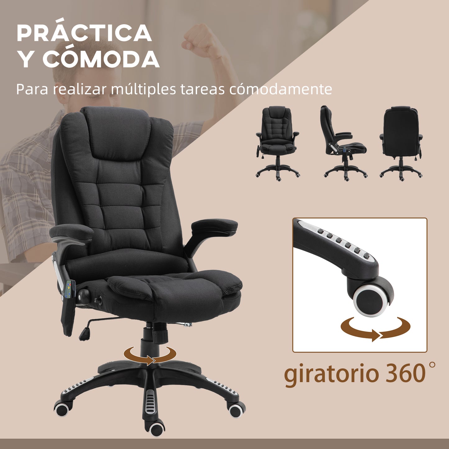 Vinsetto Silla de Masaje con 6 Puntos de Masaje Silla de Escritorio Reclinable hasta 130° con Función de Calefacción Altura Ajustable y Ruedas para Estudio 68x72x110-120 cm Negro