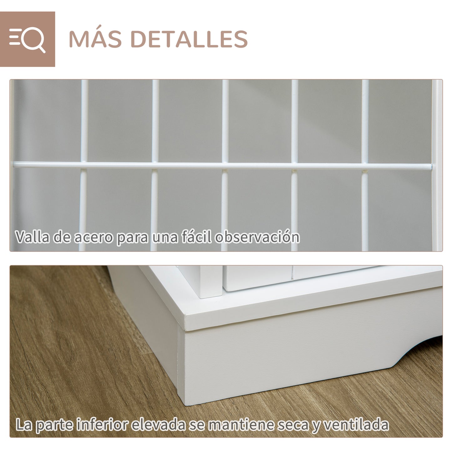 PawHut Jaula para Perros de Madera 76x54,5x56 cm Perrera con Superficie de Mesa de Almacenamiento con 2 Puertas de Pestillo y Rejillas de Acero Blanco