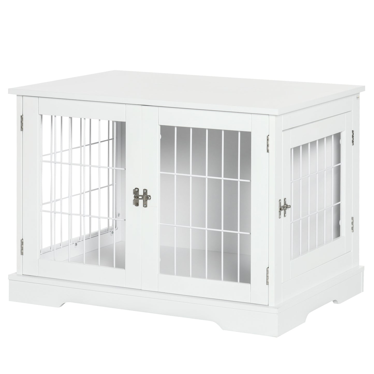 PawHut Jaula para Perros de Madera 76x54,5x56 cm Perrera con Superficie de Mesa de Almacenamiento con 2 Puertas de Pestillo y Rejillas de Acero Blanco