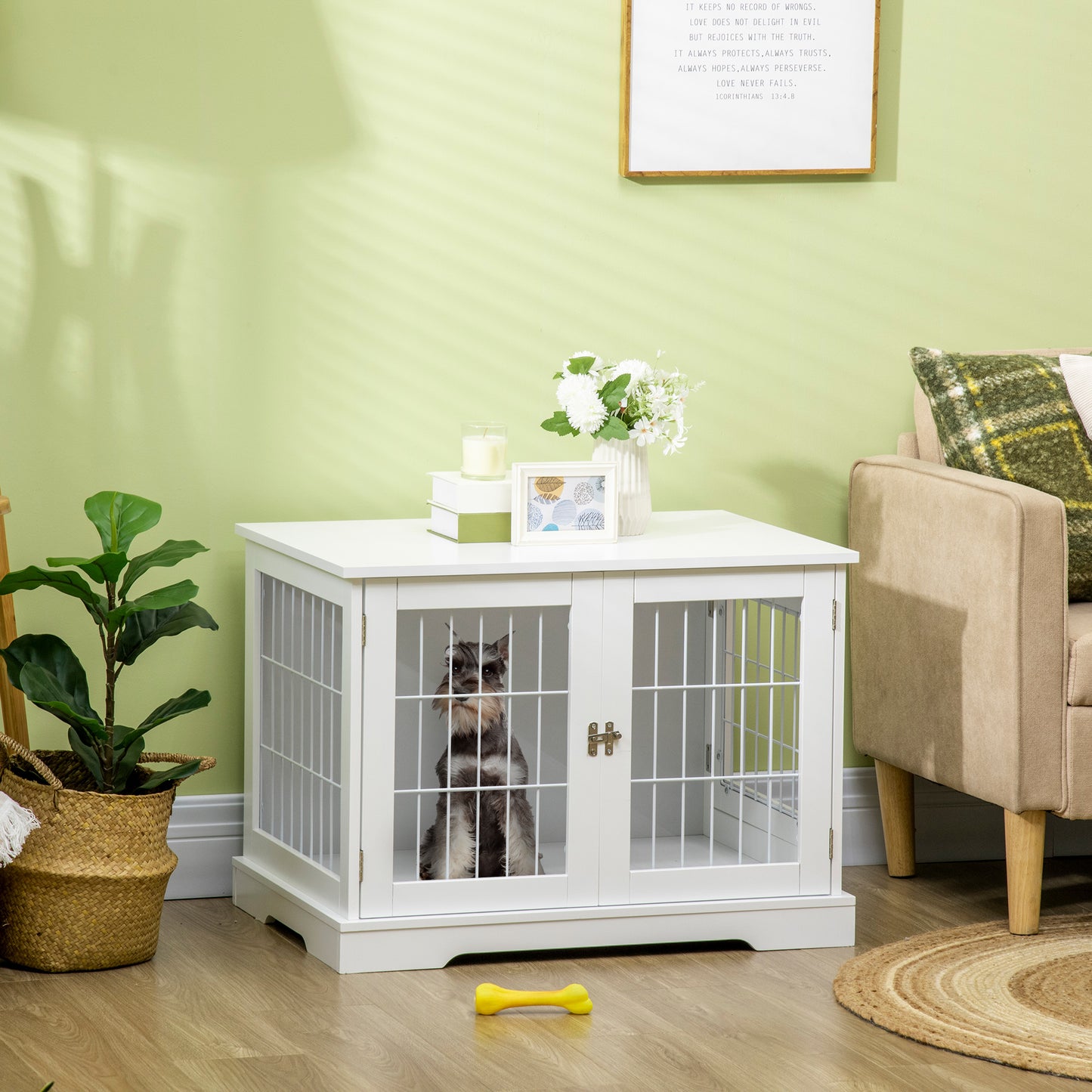 PawHut Jaula para Perros de Madera 76x54,5x56 cm Perrera con Superficie de Mesa de Almacenamiento con 2 Puertas de Pestillo y Rejillas de Acero Blanco