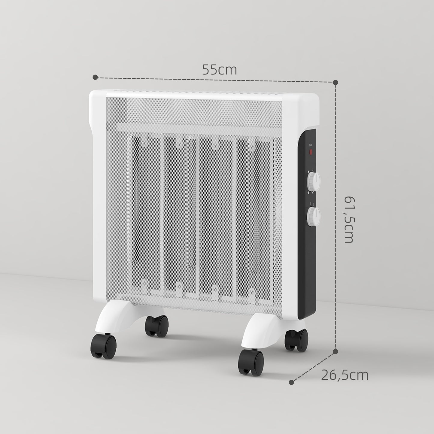 HOMCOM Radiador Eléctrico bajo Consumo 2000 W Panel Calefactor Silencioso Calefactor de Mica con Ruedas Protección contra Vuelcos y Sobrecalentamiento Blanco