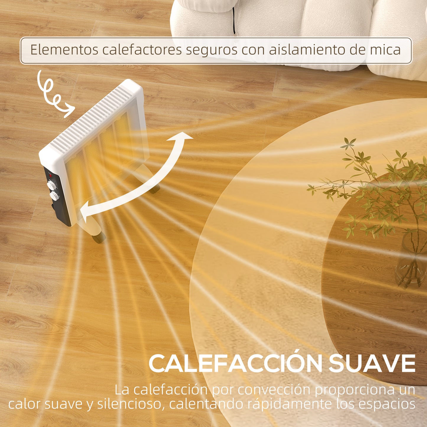 HOMCOM Radiador Eléctrico bajo Consumo 2000 W Panel Calefactor Silencioso Calefactor de Mica con Ruedas Protección contra Vuelcos y Sobrecalentamiento Blanco