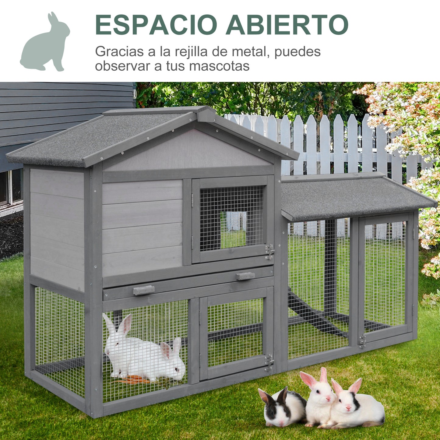 PawHut Conejera Madera de Exterior Jaula para Conejo con Bandeja Extraíble Rampa Antideslizante Incorporadas Puertas Gran Espacio de Actividades 147x54x84 cm Gris