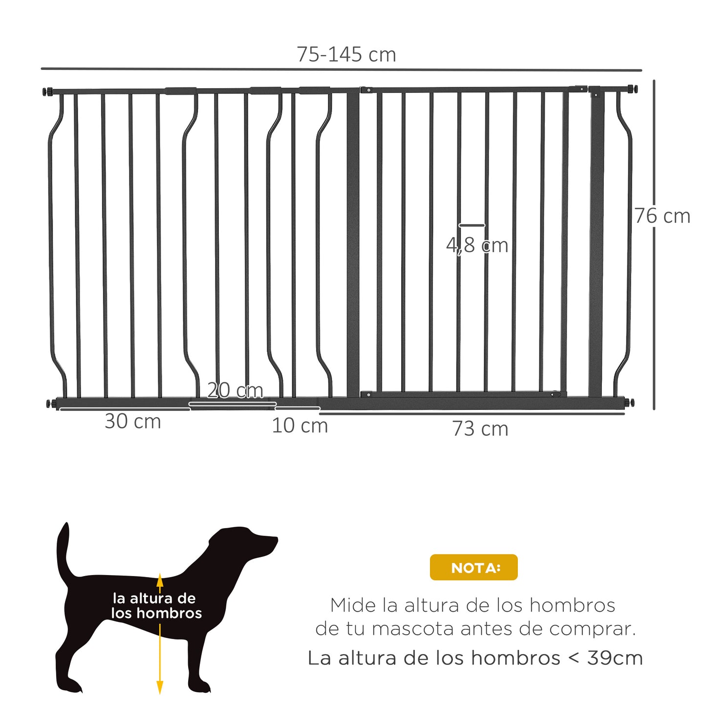 PawHut Barrera de Seguridad de Perros Extensible para Escaleras y Puertas 75-145 cm con Extensiones Montaje a Presión Acero Altura 76 cm Negro