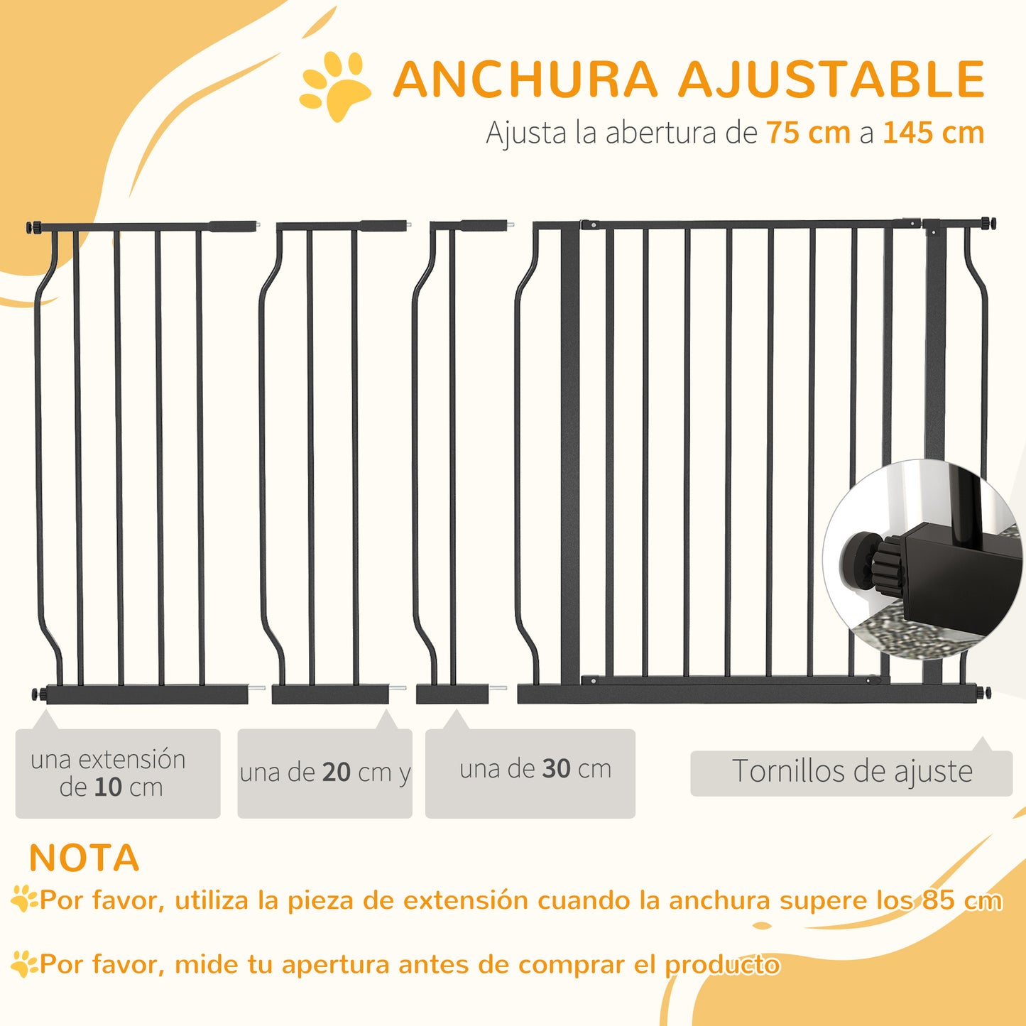 PawHut Barrera de Seguridad de Perros Extensible para Escaleras y Puertas 75-145 cm con Extensiones Montaje a Presión Acero Altura 76 cm Negro